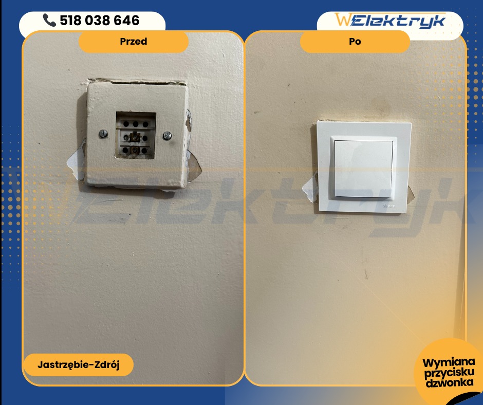 Porównanie stanu przed i po wymianie przycisku dzwonka, widoczne stare gniazdo z przewodami i nowy, biały przycisk na kremowej ścianie.