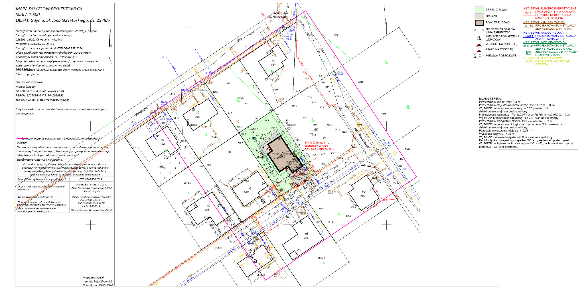 Mapa do celów projektowych z naniesionymi budynkami, uzbrojeniem podziemnym i nadziemnym, oraz danymi geodezyjnymi, obejmująca działkę w Gdyni.