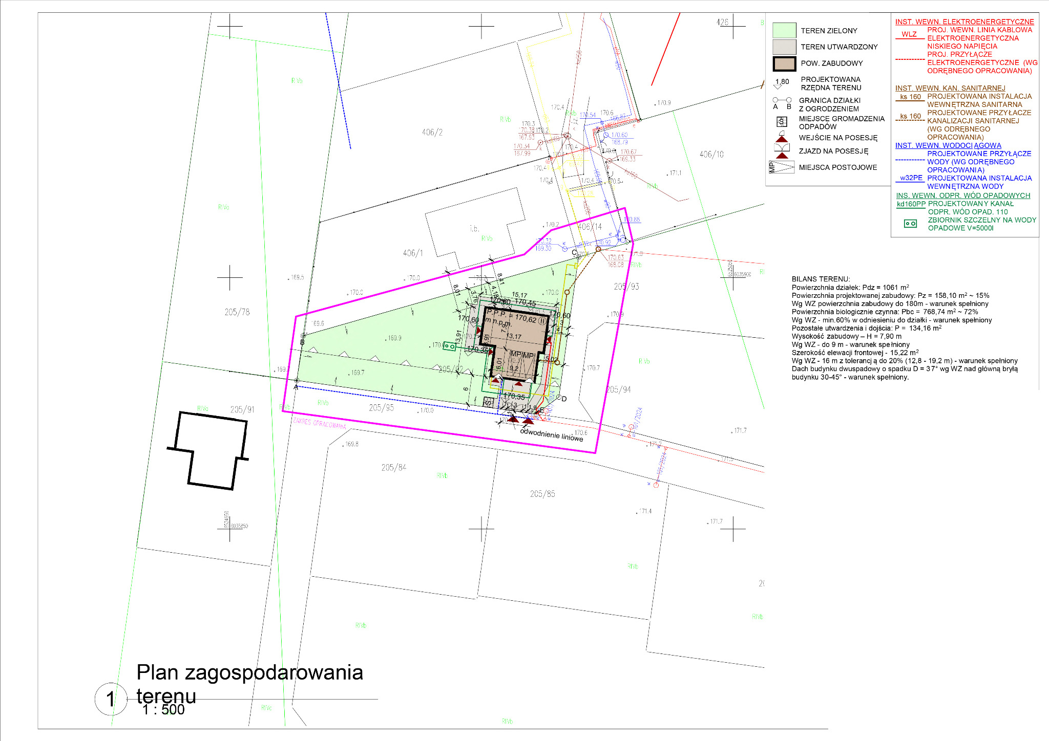 Plan zagospodarowania terenu z naniesionymi instalacjami: elektroenergetyczną, sanitarną, wodociągową i kanalizacją deszczową, z bilansem powierzchni działki, zabudowy i powierzchni biologicznie...