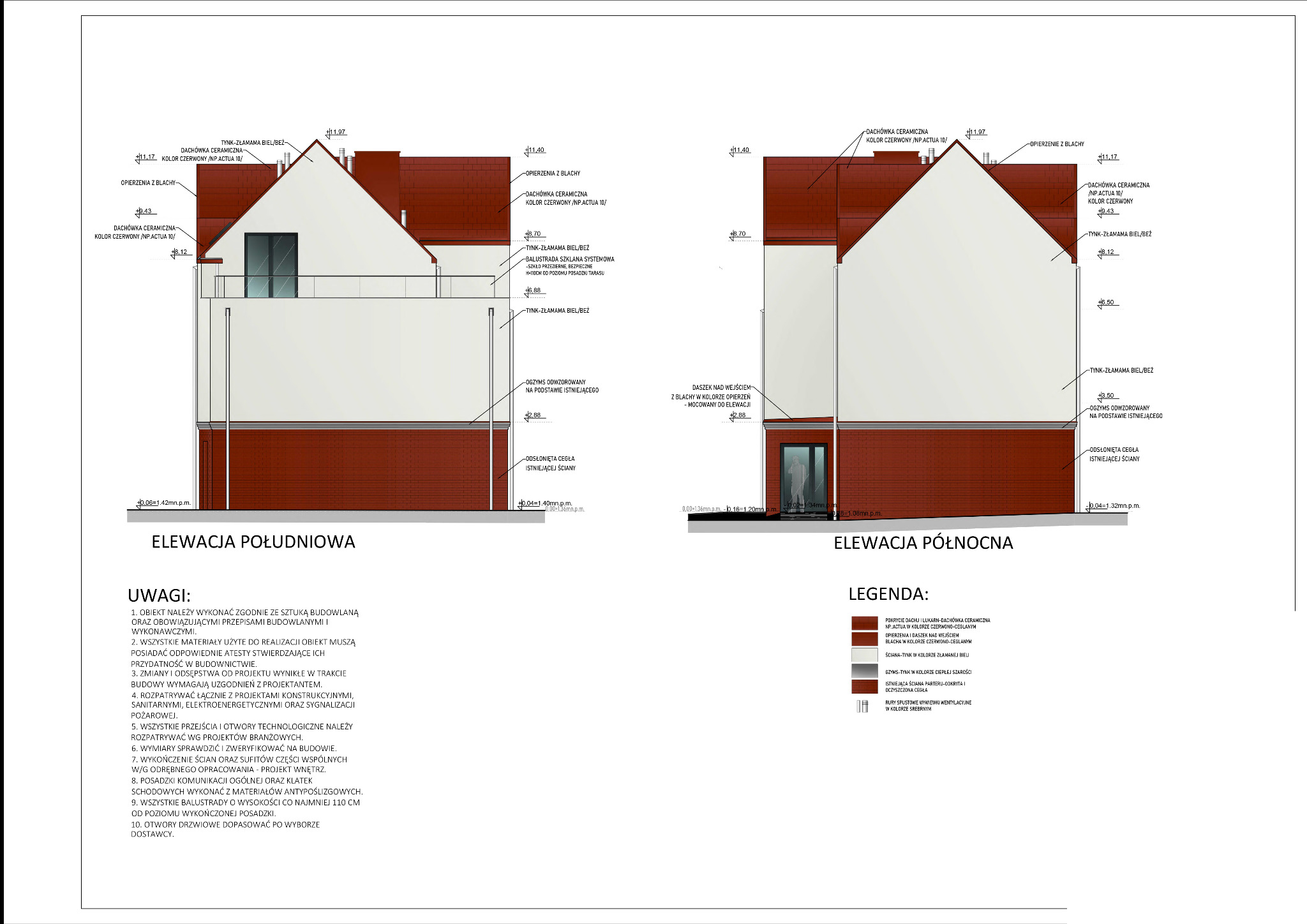 Rzut elewacji domu jednorodzinnego: południowa i północna, z detalami wykończenia dachu z czerwonej dachówki ceramicznej, tynku w odcieniach bieli, balustrady szklanej i odsłoniętej cegły...
