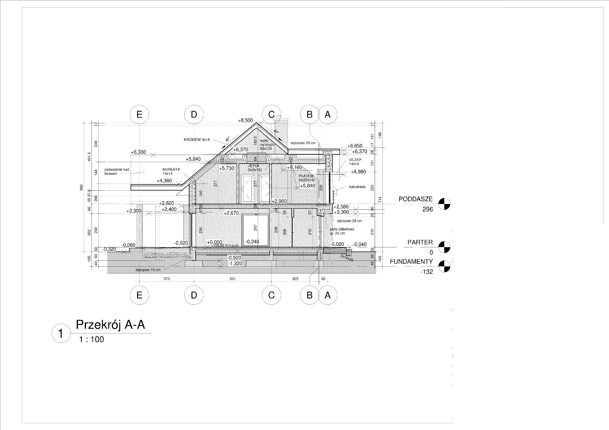 Przekrój A-A budynku mieszkalnego z zaznaczonymi wymiarami, poziomami podłóg (fundamenty, parter, poddasze), warstwami izolacji (styropian), elementami konstrukcyjnymi (krokwie, murłata, jętka...
