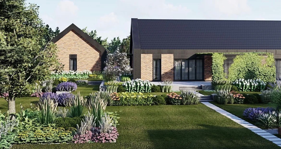 Koncepcja ogrodu przed nowoczesnym domem z cegły, z kwitnącymi rabatami bylinowymi, trawami ozdobnymi i zielonym trawnikiem.