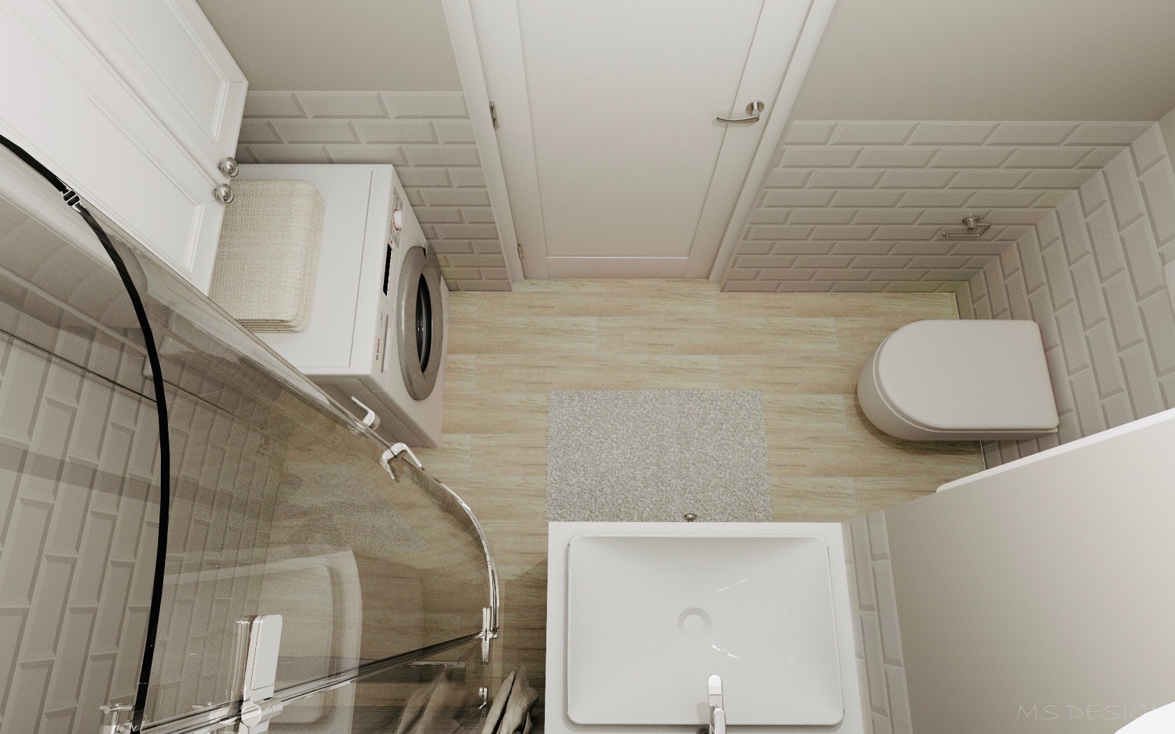 Widok z góry na małą, jasną łazienkę z kabiną prysznicową, umywalką, toaletą i pralką. Płytki imitujące cegłę na ścianach, drewnopodobne panele na podłodze.