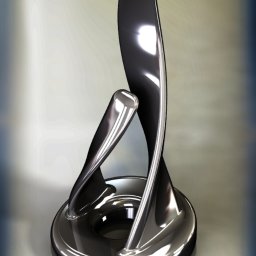 KUMASZPRO Dariusz Ćwiklak - Błyszcząca, chromowana rzeźba abstrakcyjna z zakrzywionymi elementami na okrągłej podstawie, oświetlona w studio, wyglądająca jak render 3D.