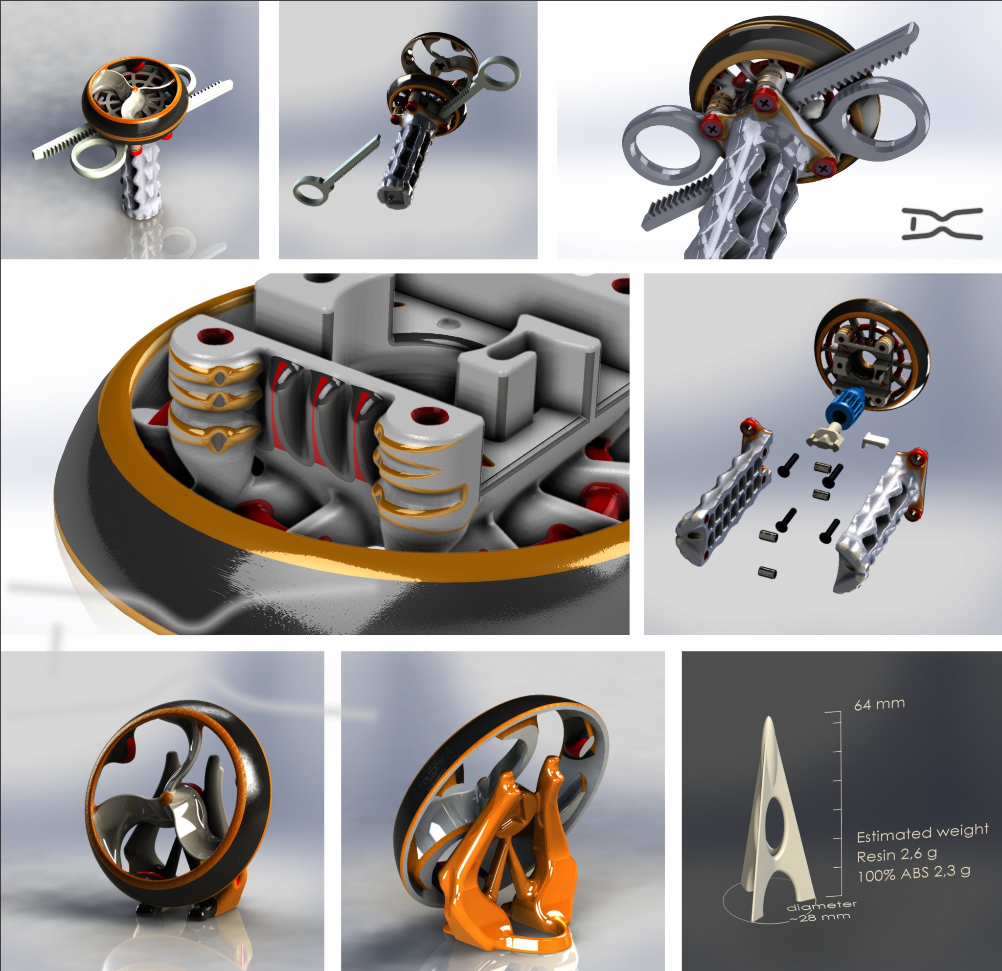 Zestaw renderingów 3D przedstawiających skomplikowany mechanizm z elementami z tworzywa sztucznego i metalu, z widocznymi przekrojami i rozłożonymi częściami, ukazujący proces projektowania...