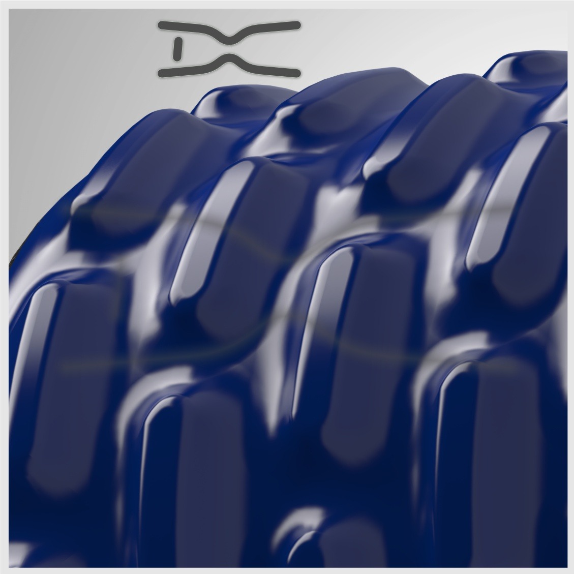 Wizualizacja 3D ciemnoniebieskiej, błyszczącej powierzchni z regularnym wzorem wypukłych elementów, z szarym logo w górnej części kadru.