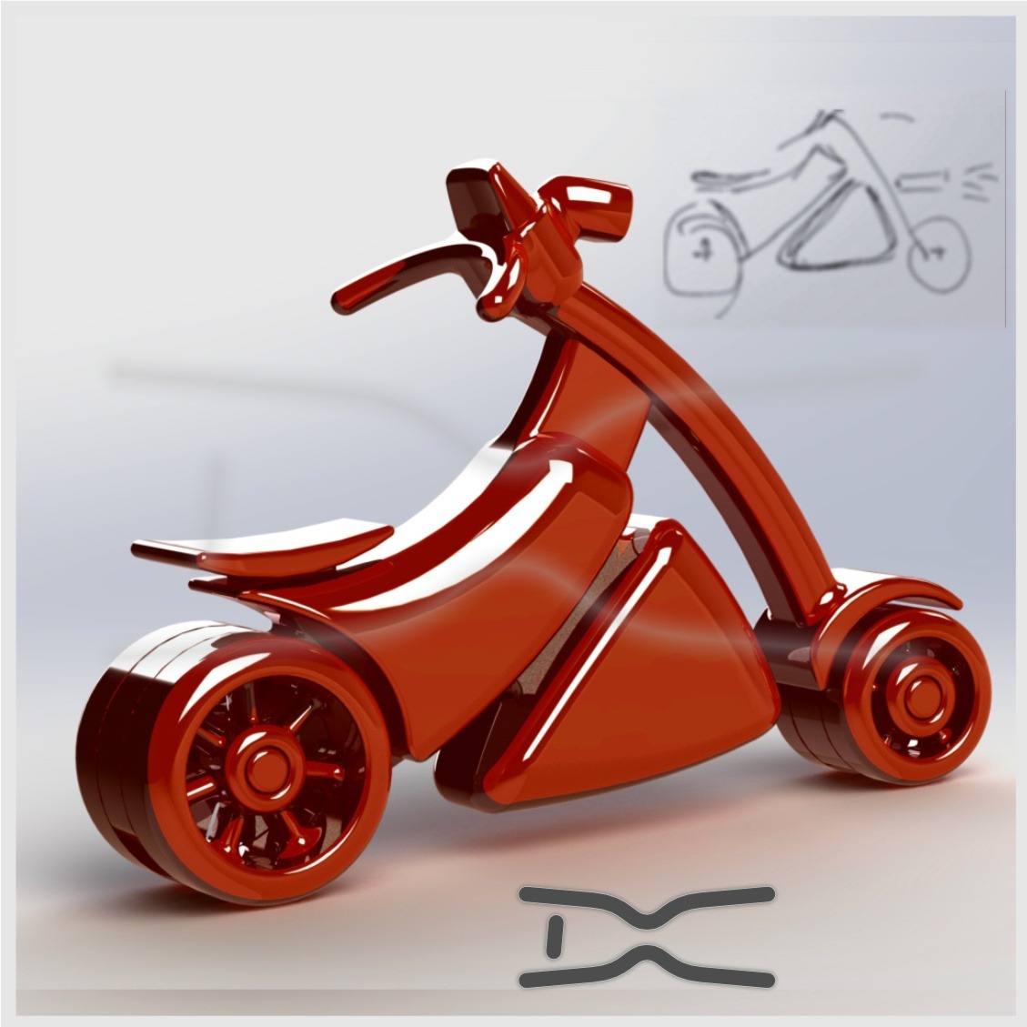 Czerwony, błyszczący model koncepcyjny skutera, wygenerowany komputerowo, z widocznym szkicem w tle.