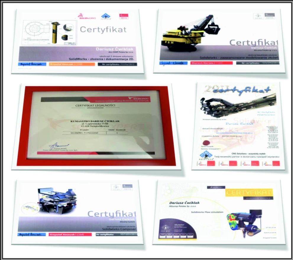 Zestaw certyfikatów i dokumentów potwierdzających umiejętności w SolidWorks, prezentujących modele 3D maszyn i konstrukcji.