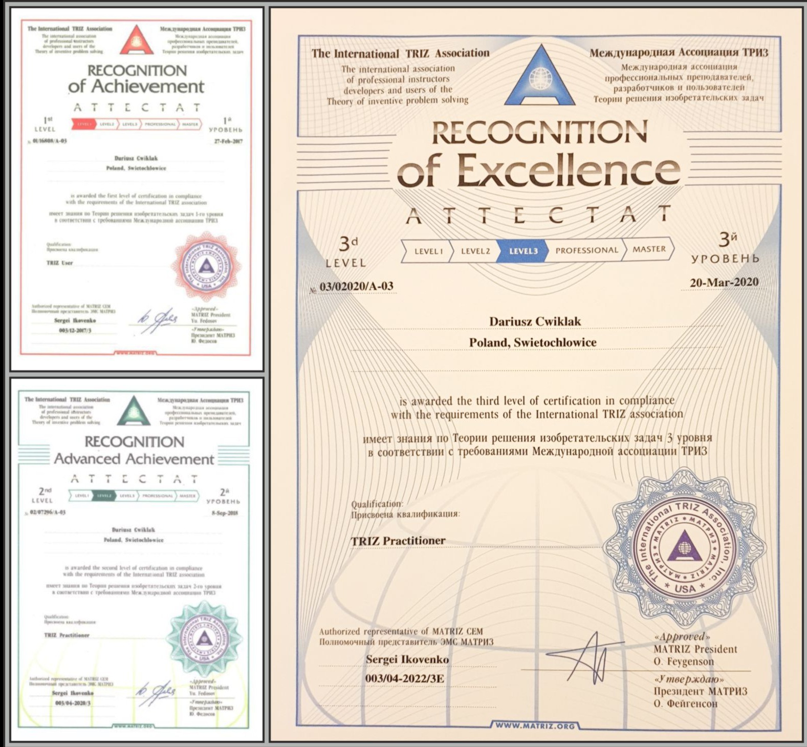 Kompozycja trzech certyfikatów TRIZ (Teoria Rozwiązywania Innowacyjnych Zadań) z różnymi poziomami zaawansowania, zawierających dane osobowe Dariusza Ćwiklaka i informacje o przyznanych...