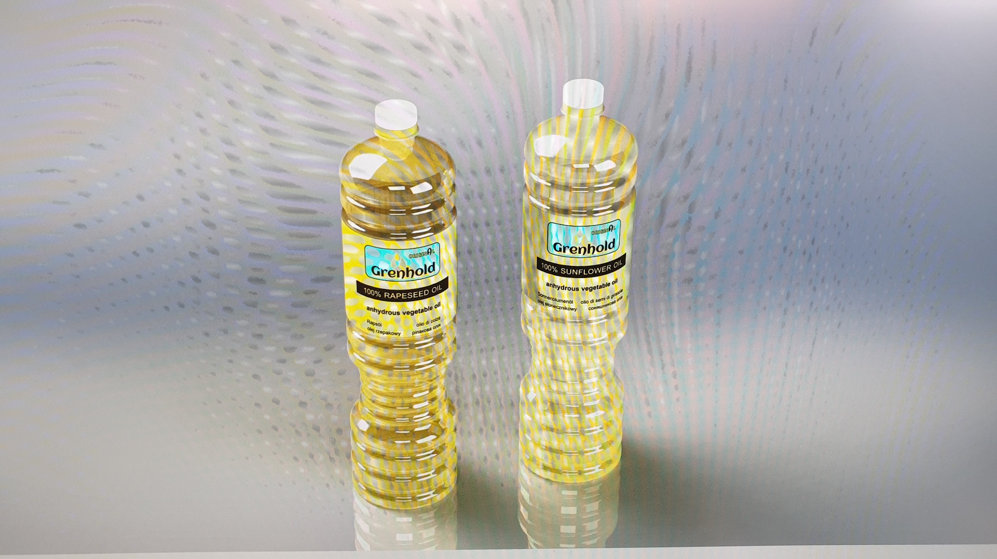 Dwie plastikowe butelki z olejem roślinnym marki Grenhold, jedna z olejem rzepakowym, druga ze słonecznikowym, stojące na błyszczącej powierzchni z refleksami.