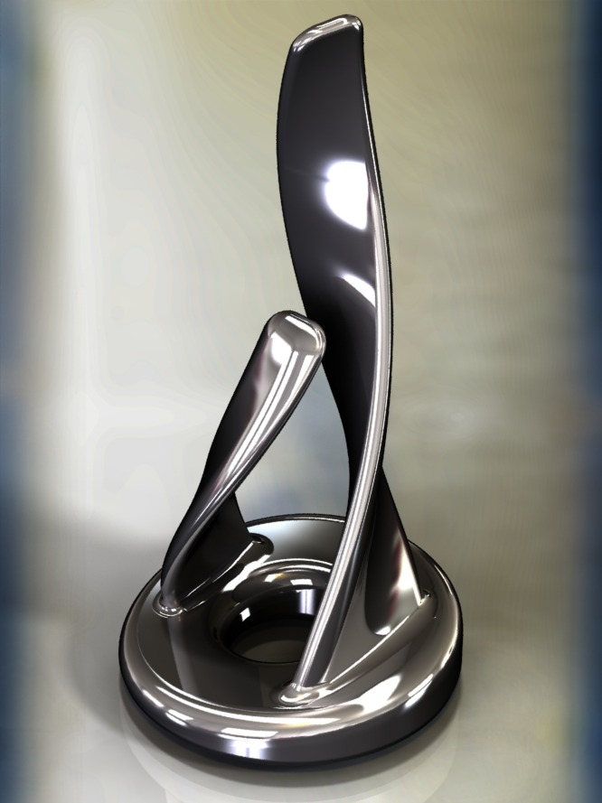 Błyszcząca, chromowana rzeźba abstrakcyjna z zakrzywionymi elementami na okrągłej podstawie, oświetlona w studio, wyglądająca jak render 3D.