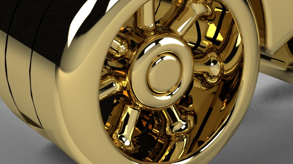 Błyszczący, złoty model 3D felgi samochodowej z widocznymi detalami i refleksami świetlnymi, rendering CAD.