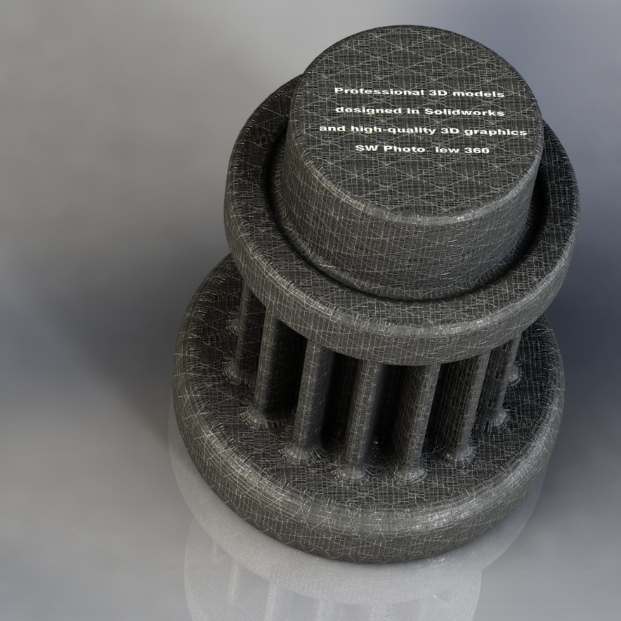 Szary, teksturowany model 3D cylindrycznego elementu z pionowymi żebrami, zaprojektowany w Solidworks, z widocznym napisem 'Professional 3D models designed in Solidworks and high-quality 3D...