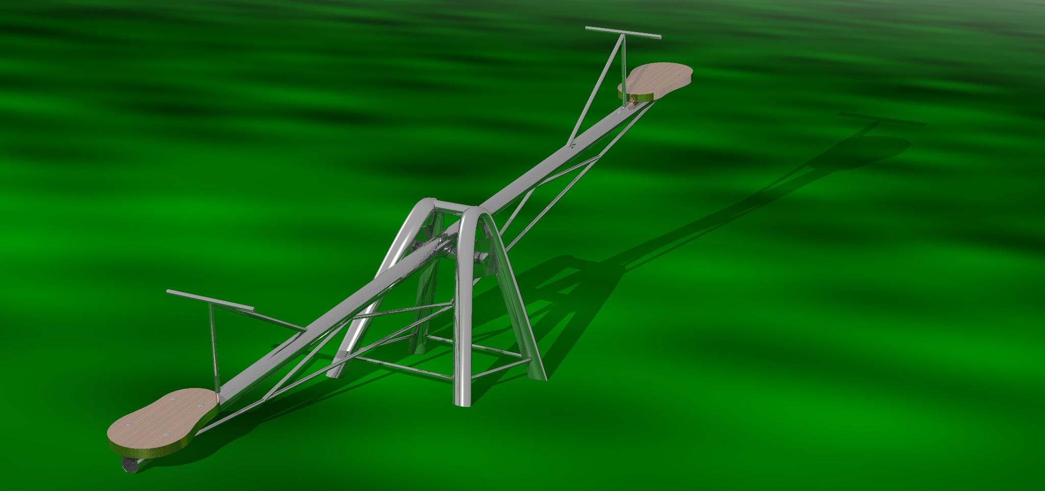 Wizualizacja 3D metalowej huśtawki wagowej z drewnianymi siedziskami na zielonym tle.