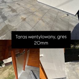 43Remont - Wykończony taras wentylowany z szarych płyt gresowych 20mm przy drewnianym domku, widoczne rolety zewnętrzne i fragment elewacji.