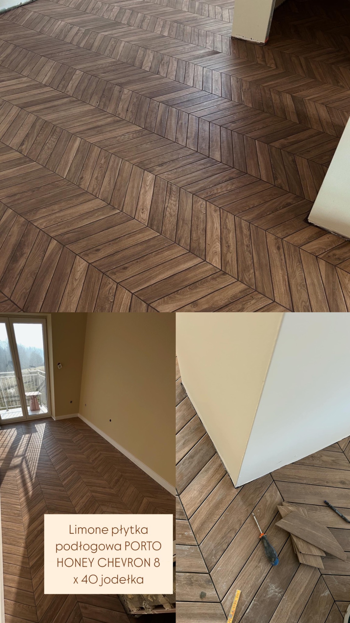 Ułożona podłoga z płytek w jodełkę, widoczne narzędzia i resztki płytek podczas montażu przy ścianie.