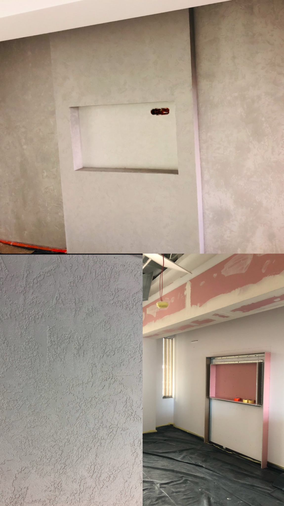 Dwa ujęcia wnętrza w trakcie prac wykończeniowych: gładź strukturalna na ścianie, wnęka w ścianie z widoczną instalacją elektryczną, folia ochronna na podłodze, szpachlowane elementy konstrukcyjne...