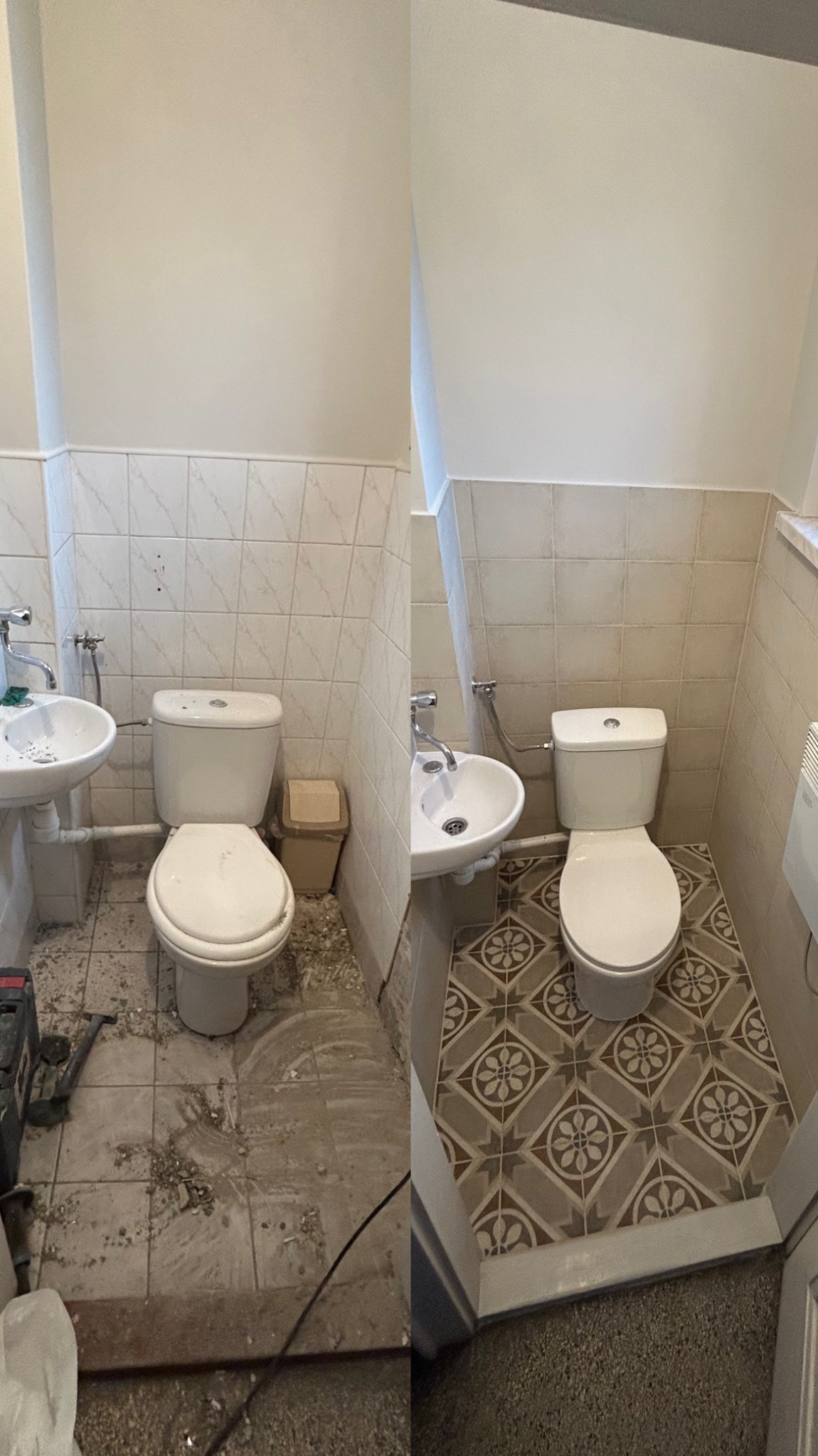 Porównanie stanu łazienki przed i po remoncie: po lewej stronie widoczne stare płytki i gruz, po prawej nowe, wzorzyste płytki podłogowe i odświeżone ściany.