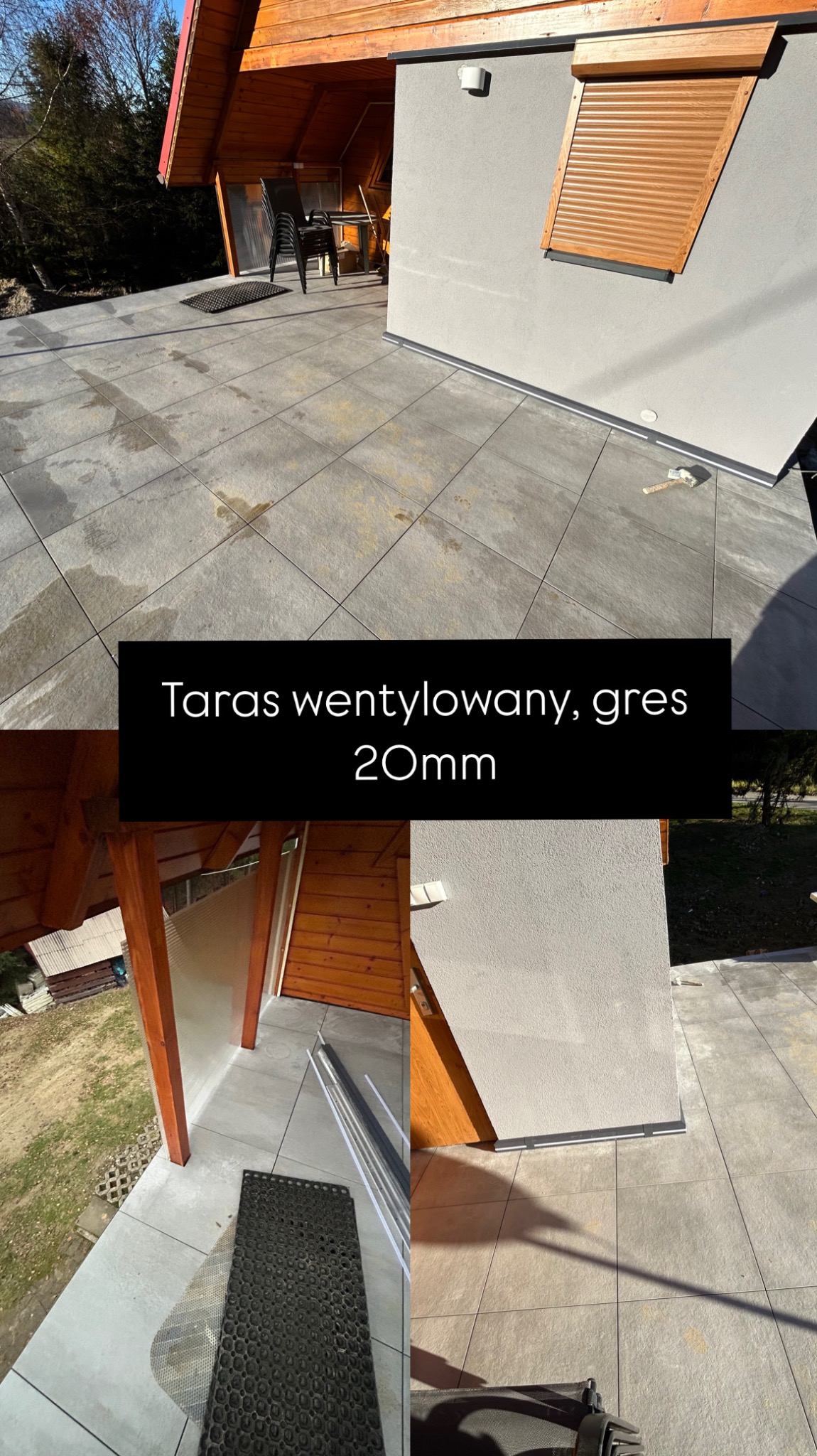 Wykończony taras wentylowany z szarych płyt gresowych 20mm przy drewnianym domku, widoczne rolety zewnętrzne i fragment elewacji.