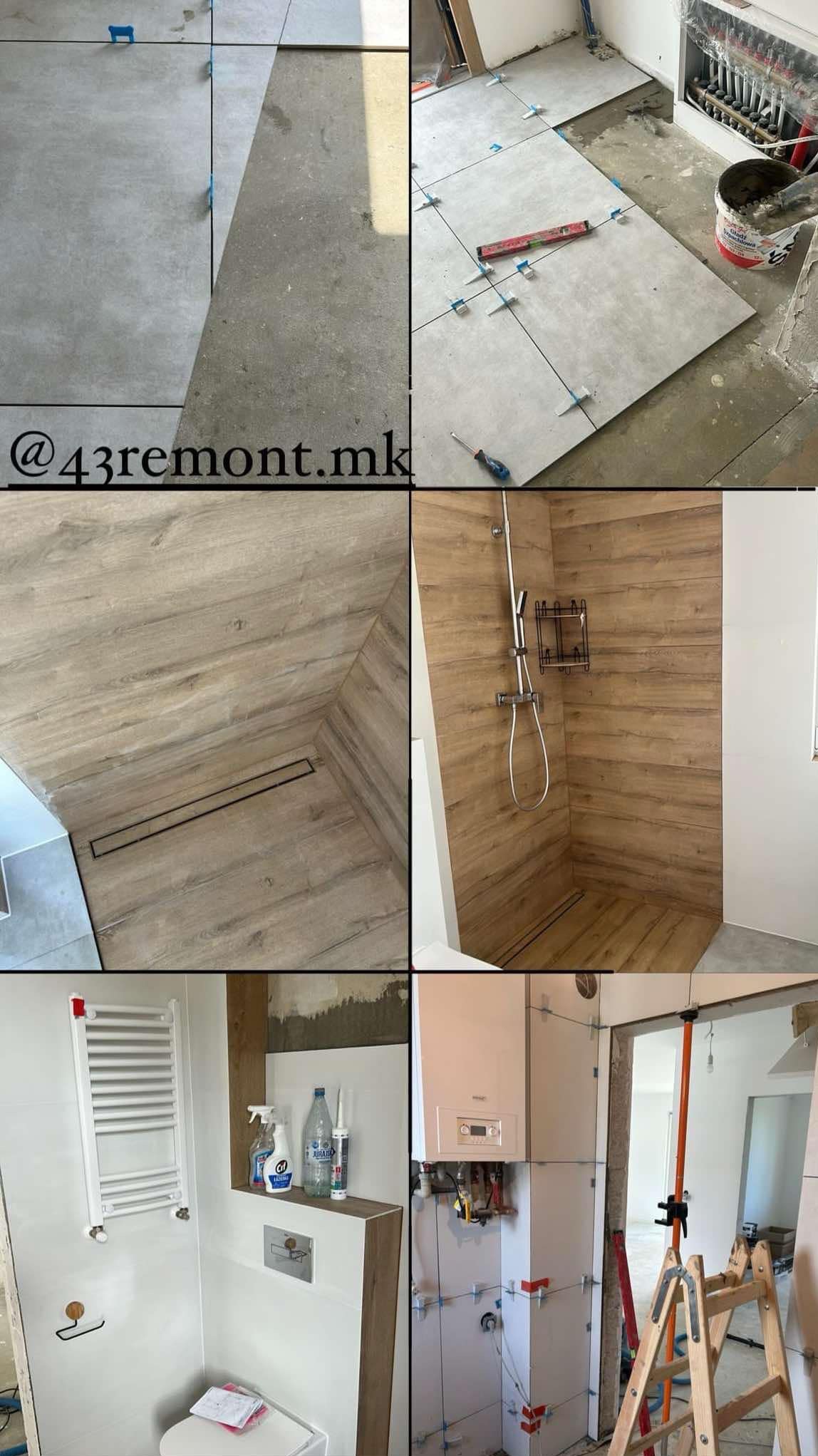 Remont łazienki w Bielsku-Białej: mozaika zdjęć przedstawiająca etap układania szarych płytek podłogowych z użyciem krzyżyków dystansowych, wykończony prysznic typu walk-in z drewnopodobnymi...