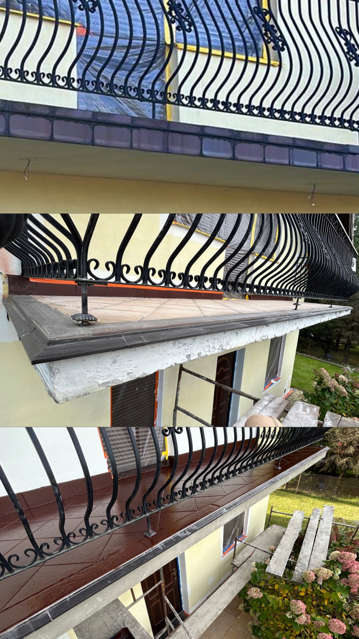 Balkon z czarną, ozdobną balustradą, widoczny z trzech perspektyw, ukazujący różne etapy prac wykończeniowych, w tym świeżo położone płytki na podłodze balkonu oraz zabezpieczone okno folią ochronną.