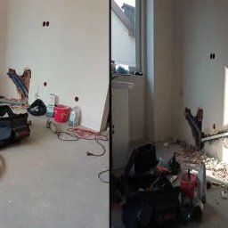 TD-Remonty - Wnętrze w trakcie remontu: odkryte rury w ścianie, narzędzia i materiały budowlane rozłożone na podłodze, widoczne ślady po wierceniu.