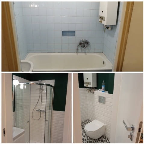 Kolaż przedstawiający metamorfozę łazienki: od niebieskich płytek i wanny do nowoczesnego prysznica z kabiną, białych płytek imitujących cegłę i toalety z geometryczną podłogą.