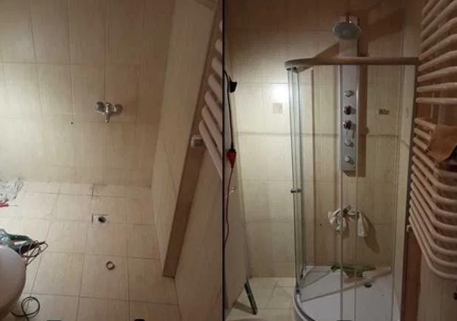 Remont łazienki w Krakowie: Widok przed i po montażu kabiny prysznicowej z panelem natryskowym, z widocznymi narzędziami i przygotowanymi płytkami.