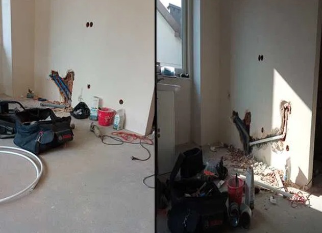 Wnętrze w trakcie remontu: odkryte rury w ścianie, narzędzia w torbie, wiadro z farbą i przewody na podłodze.