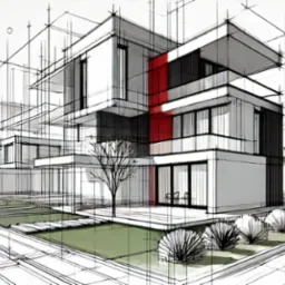 Szkic architektoniczny nowoczesnego, trzypiętrowego domu z płaskim dachem, akcentowany pionowym czerwonym panelem, otoczonego zielenią i zarysowanym samochodem w tle.