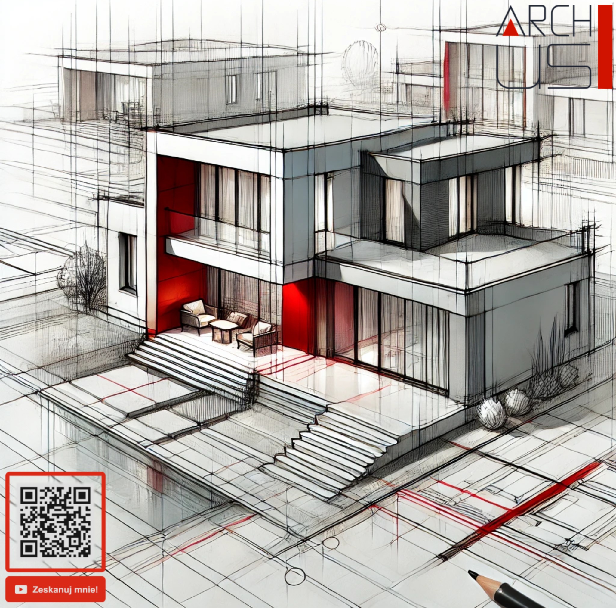 Szkic architektoniczny nowoczesnego domu z elementami czerwieni, widoczny ołówek i kod QR w rogu.