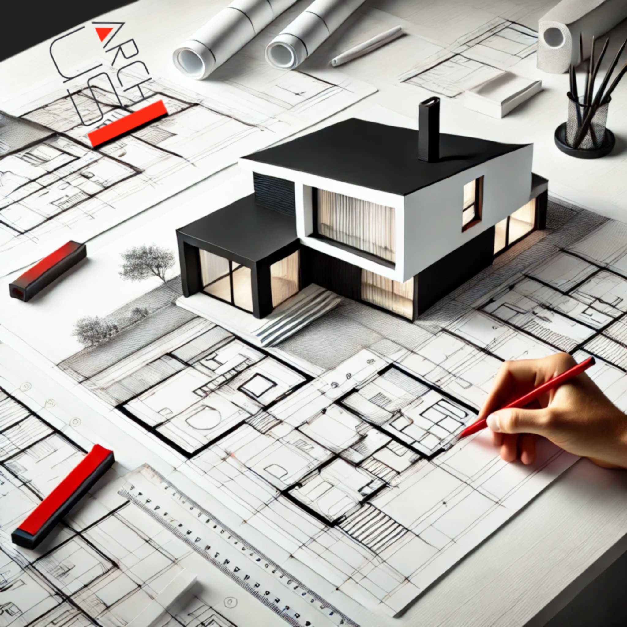 Model nowoczesnego domu jednorodzinnego na planach architektonicznych, uzupełnianych czerwoną kredką, z widocznymi przyborami kreślarskimi i logo architektoniczne w rogu.