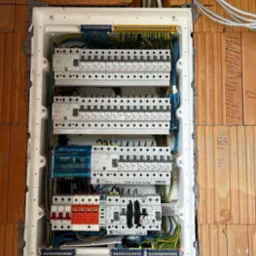 Rozdzielnica elektryczna ORNO zamontowana w surowej ścianie z cegły, widoczne liczne bezpieczniki, przewody i listwy zaciskowe.