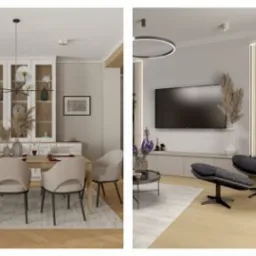 Kompozycja czterech wizualizacji wnętrz: sypialnia z tapetą w liście, jadalnia z przeszkloną witryną, salon z telewizorem i fotelem oraz łazienka z marmurowymi płytkami.