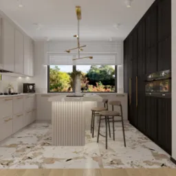 Elegancka kuchnia z wyspą oświetloną od dołu, marmurową podłogą i ciemnymi szafkami w zabudowie, widok na ogród przez okno.