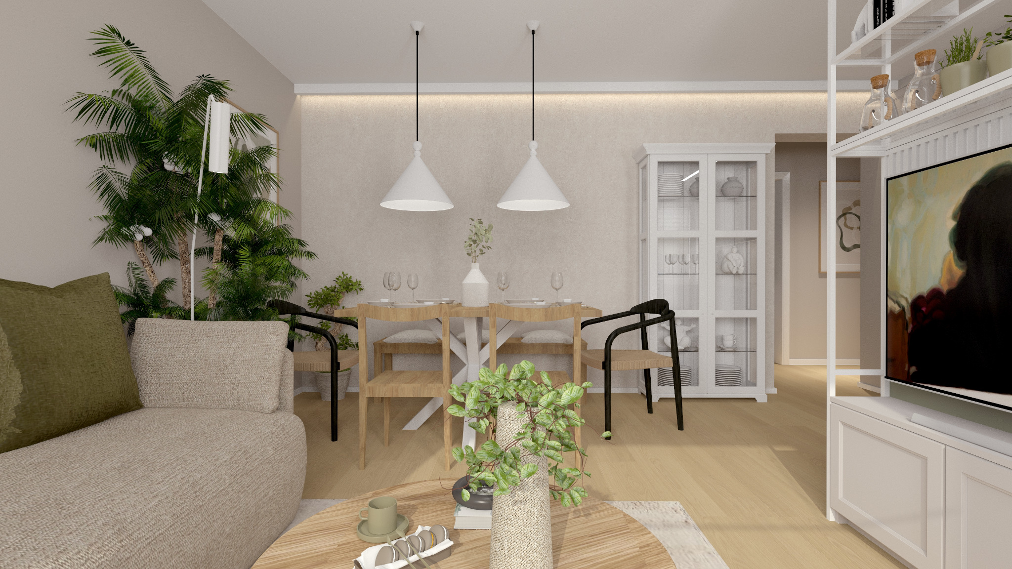 Jasne wnętrze jadalni z drewnianym stołem, krzesłami w stylu skandynawskim, białymi lampami wiszącymi i roślinami doniczkowymi, uzupełnione o sofę z poduszkami w salonie i białą witrynę