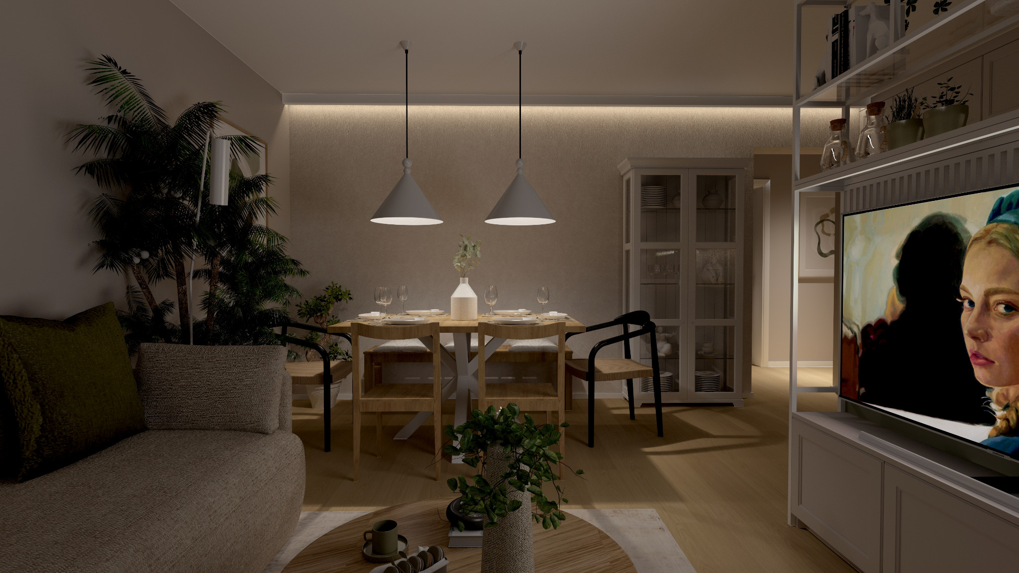 Jasne wnętrze jadalni z drewnianym stołem nakrytym dla czterech osób, oświetlonym dwoma wiszącymi lampami, z widocznym salonem z sofą i roślinami w tle oraz telewizorem z wyświetlanym portretem.
