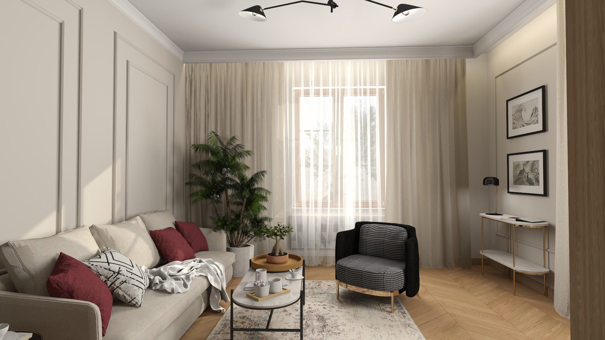 Jasny salon z beżową sofą z bordowymi poduszkami, wzorzystym fotelem, roślinami doniczkowymi i stolikiem kawowym na dywanie w stylu vintage, oświetlony trzypunktową lampą sufitową.