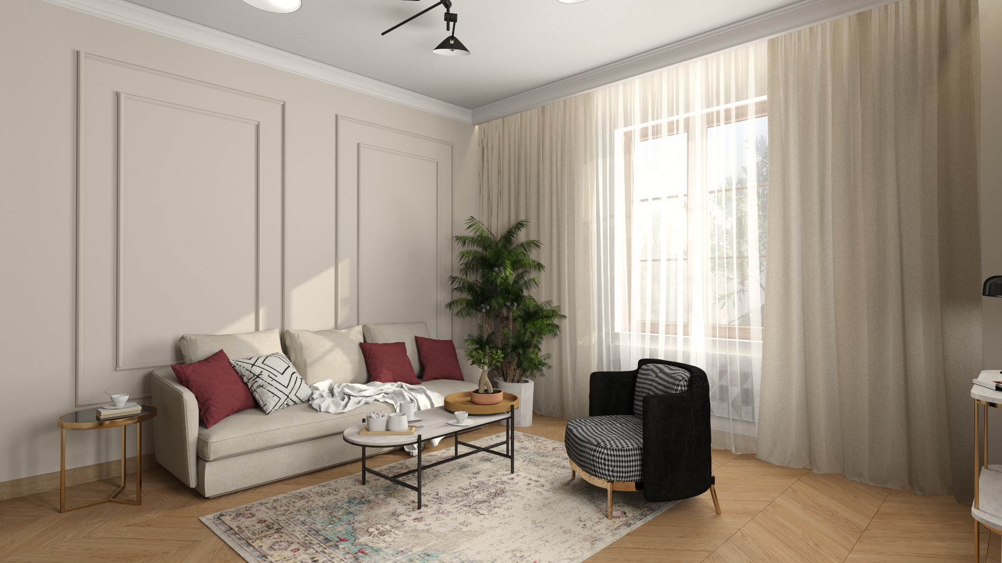 Jasny salon z beżową sofą, bordowymi poduszkami, wzorzystym dywanem i czarnym fotelem w kratę, oświetlony naturalnym światłem przez okno z beżowymi zasłonami.