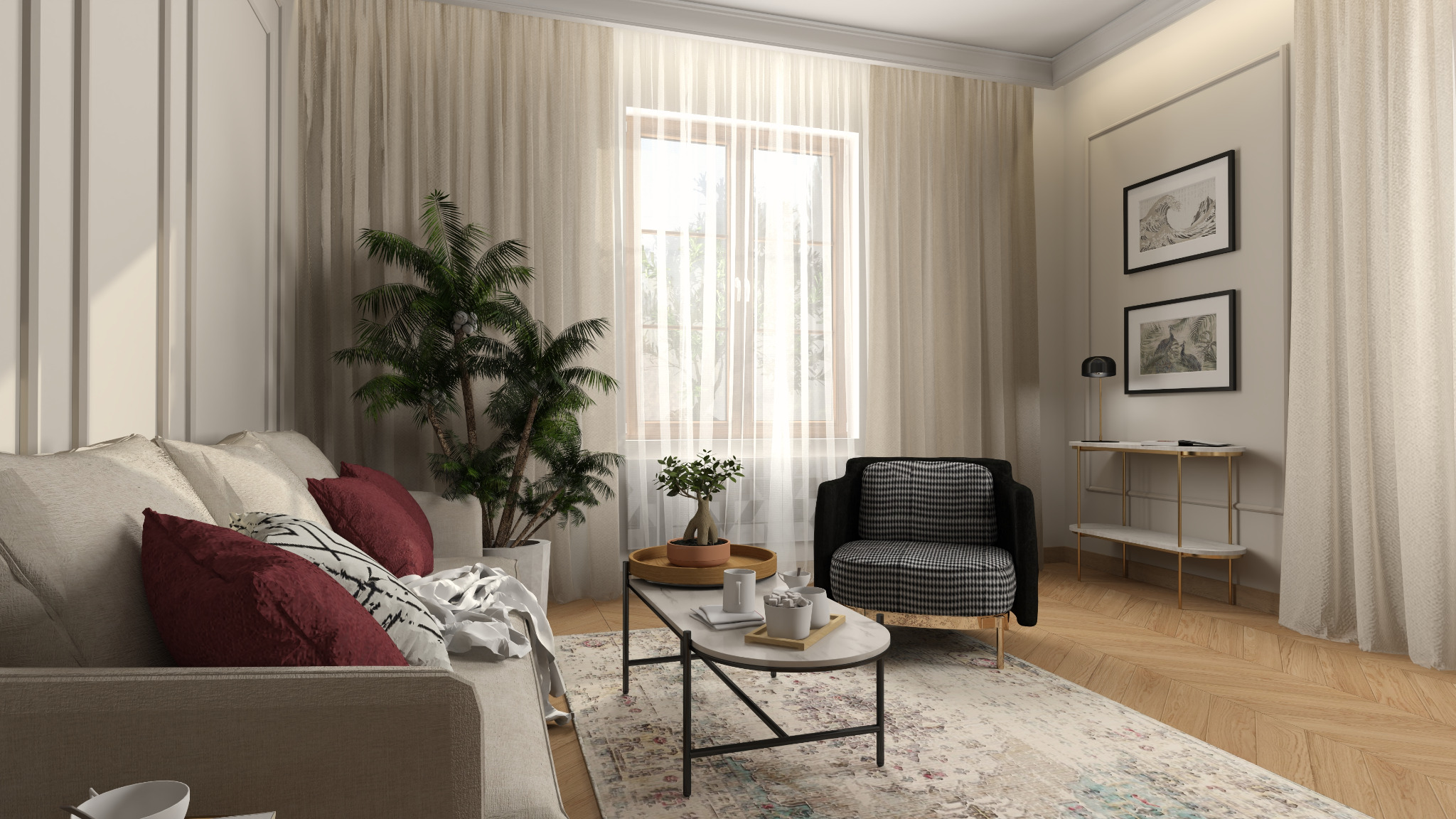 Jasne wnętrze salonu z beżową sofą, czerwonymi poduszkami, palmą w donicy, stolikiem kawowym z dekoracjami, krzesłem w pepitkę i parkietem w jodełkę.