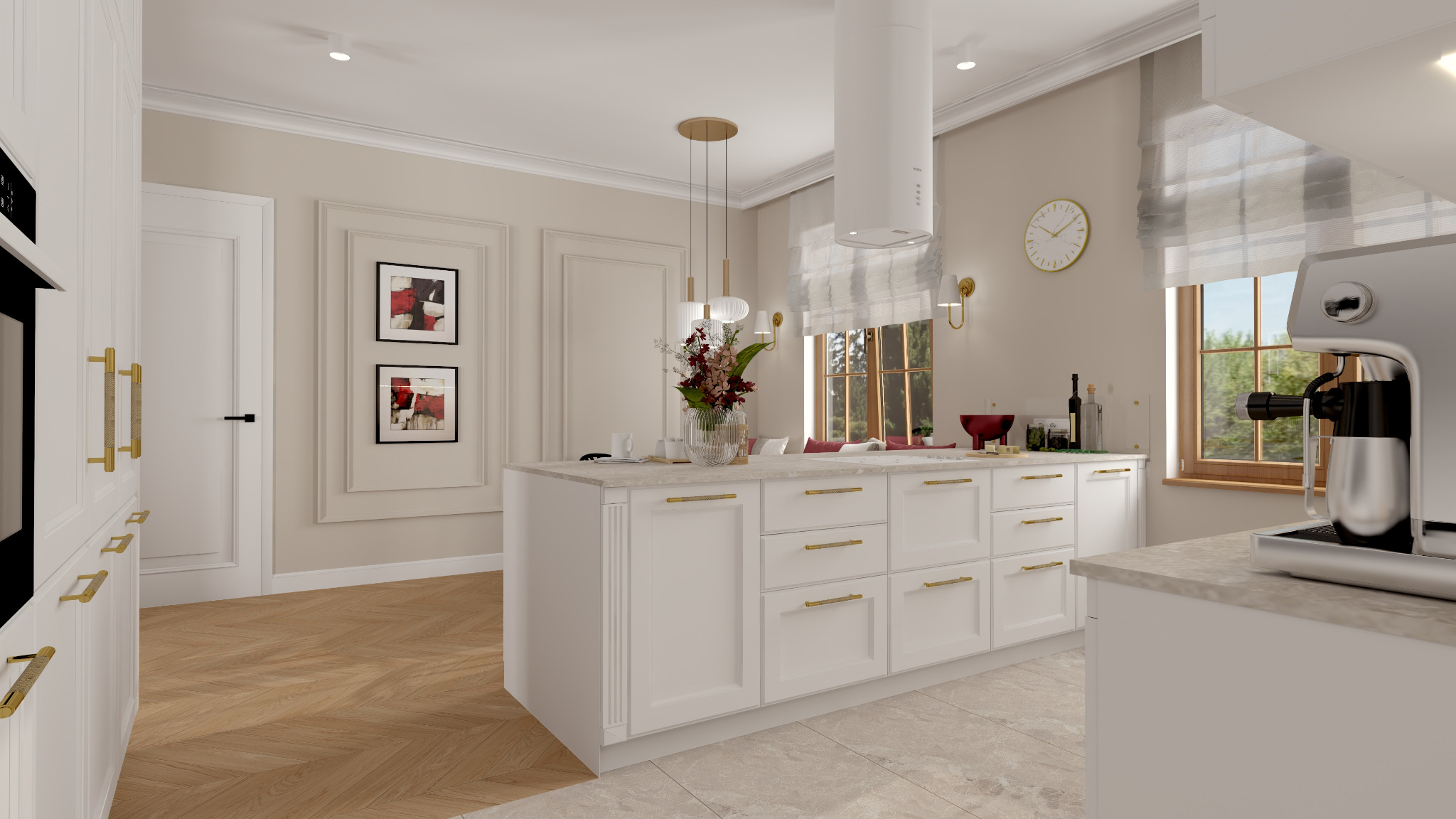 Jasna kuchnia w stylu klasycznym z wyspą, złotymi akcentami i drewnianą podłogą w jodełkę, dekorowana kwiatami i obrazami.