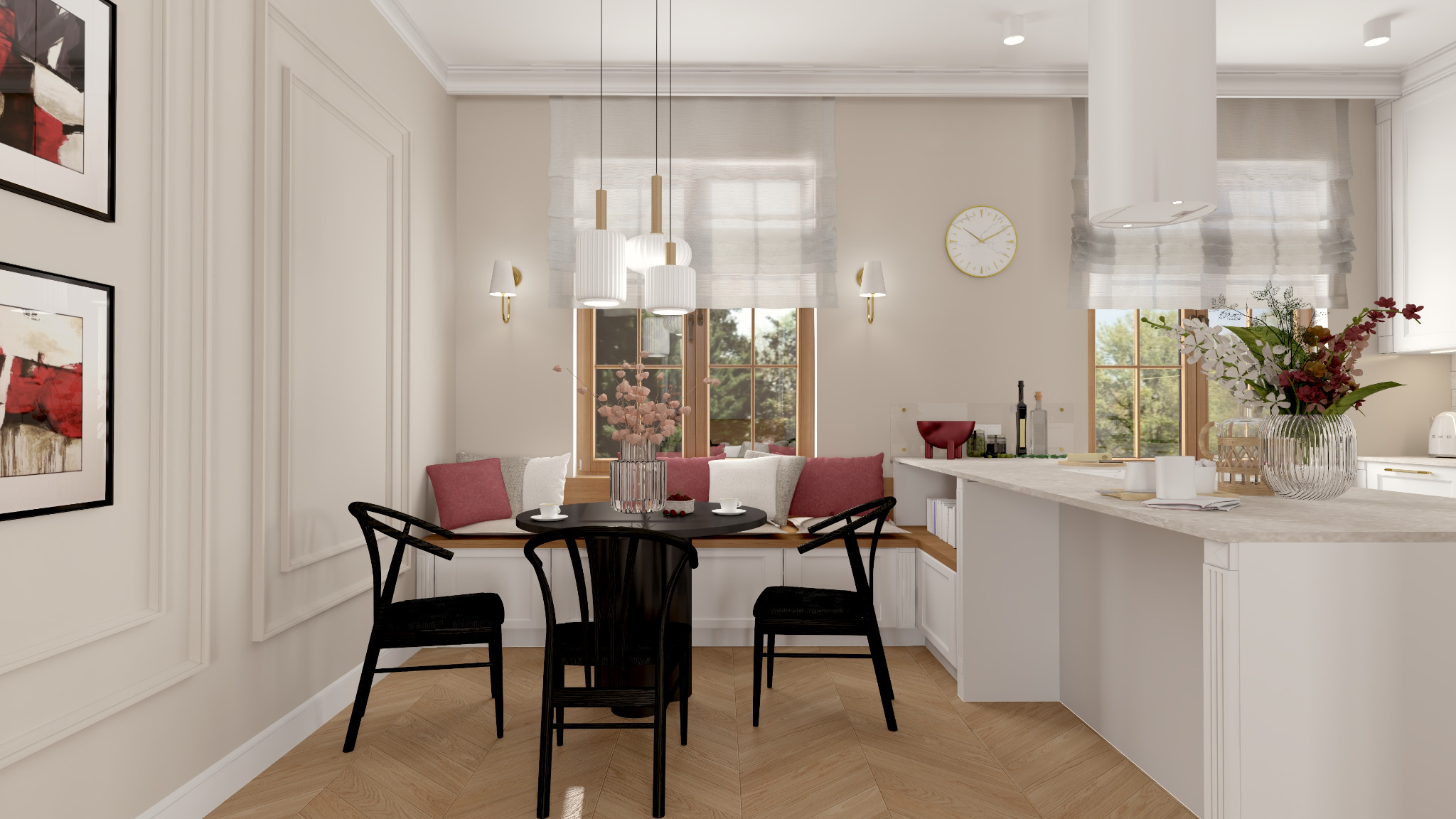 Jasne wnętrze jadalni z aneksem kuchennym, okno z siedziskiem i poduszkami, czarne krzesła wokół okrągłego stołu, parkiet w jodełkę, minimalistyczne oświetlenie.