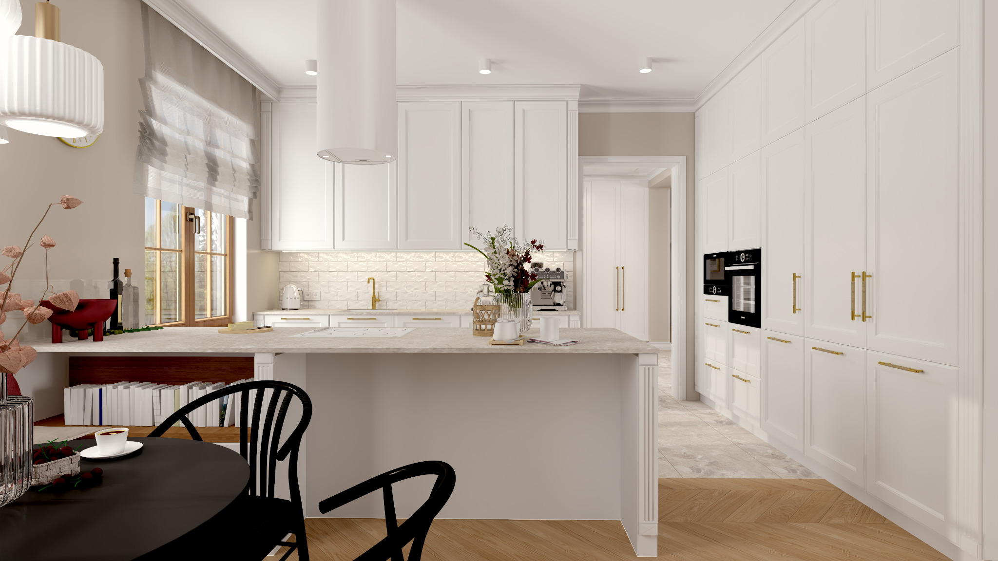 Jasna kuchnia w stylu klasycznym z wyspą, białymi szafkami, złotymi detalami i czarnymi krzesłami przy okrągłym stole. Na blacie kwiaty w wazonie.