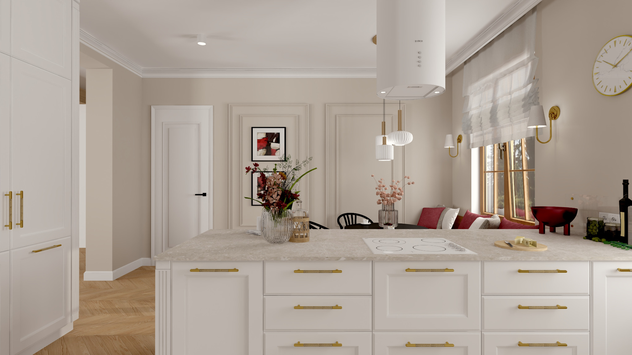 Jasna kuchnia w stylu klasycznym z wyspą, kwiatami w wazonie na blacie i widokiem na okno z siedziskiem.