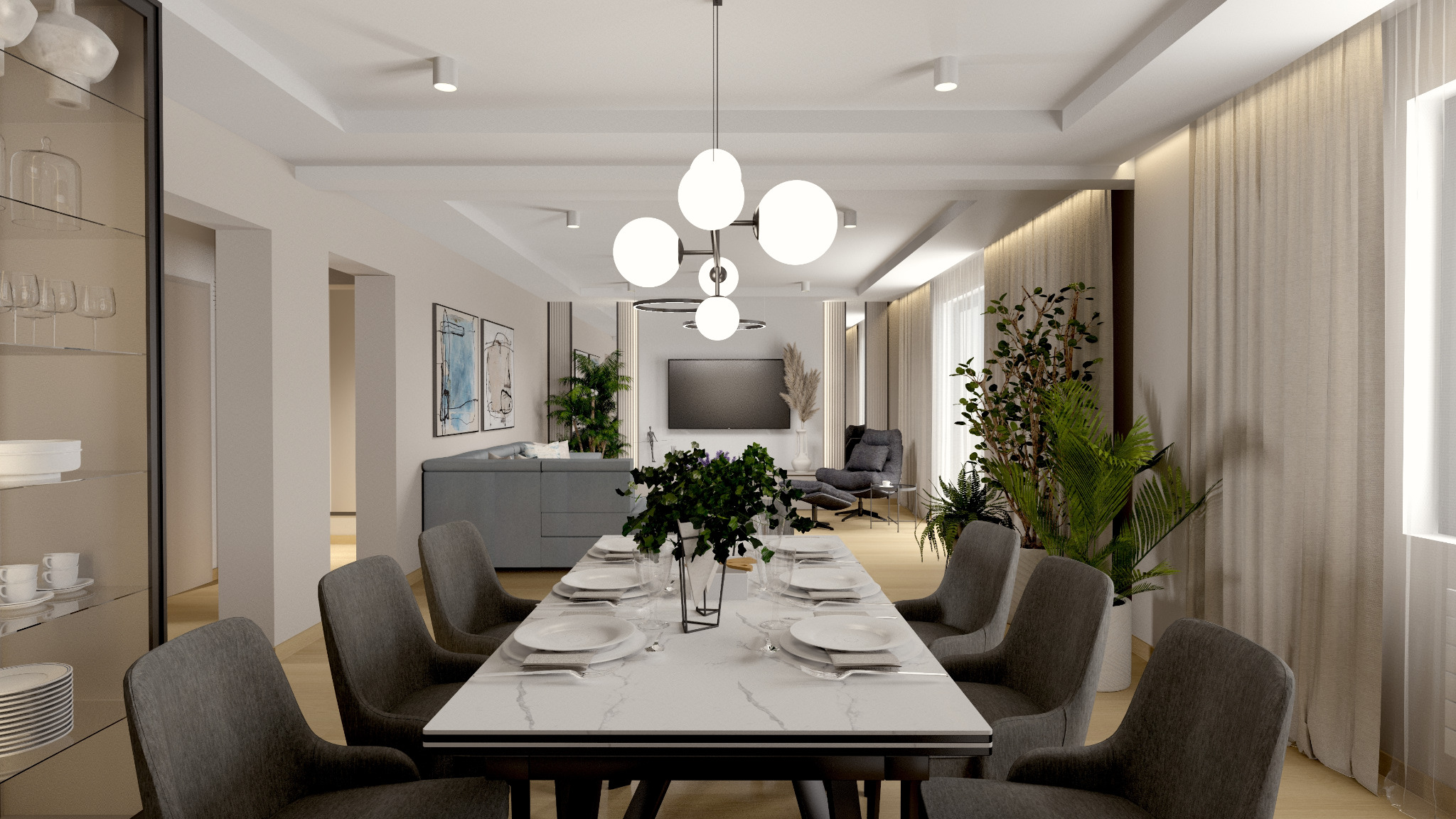 Wnętrze jadalni z białym stołem z marmurowym blatem, nakrytym dla sześciu osób, szare krzesła, nowoczesna lampa wisząca z białymi kulami, widok na salon z szarą sofą i telewizorem, rośliny...