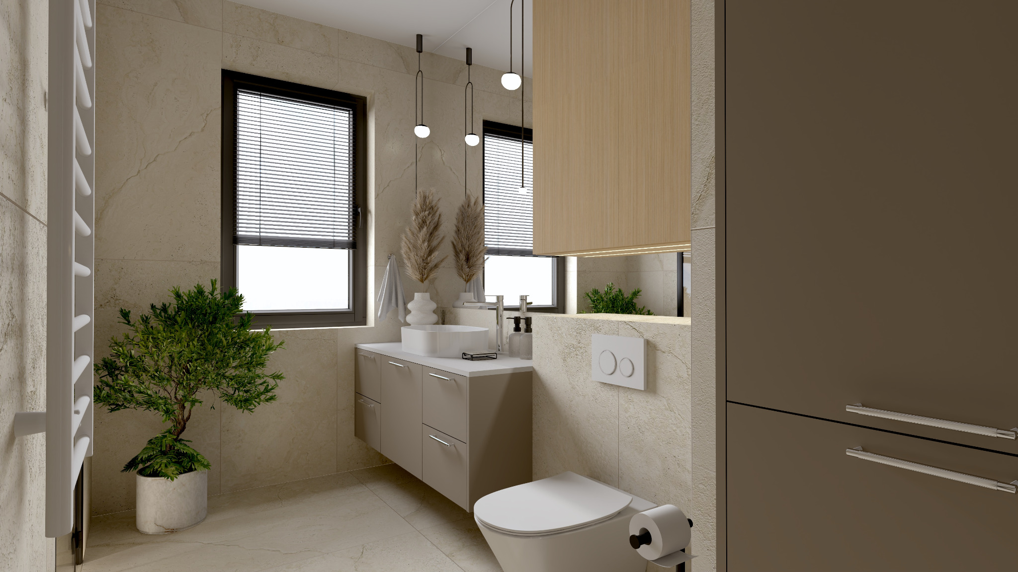 Jasna łazienka z beżowymi płytkami, wisząca szafka z umywalką nablatową, toaleta wisząca, dwie ciemne okna z żaluzjami, dekoracyjne trawy w wazonach i zielona roślina doniczkowa.