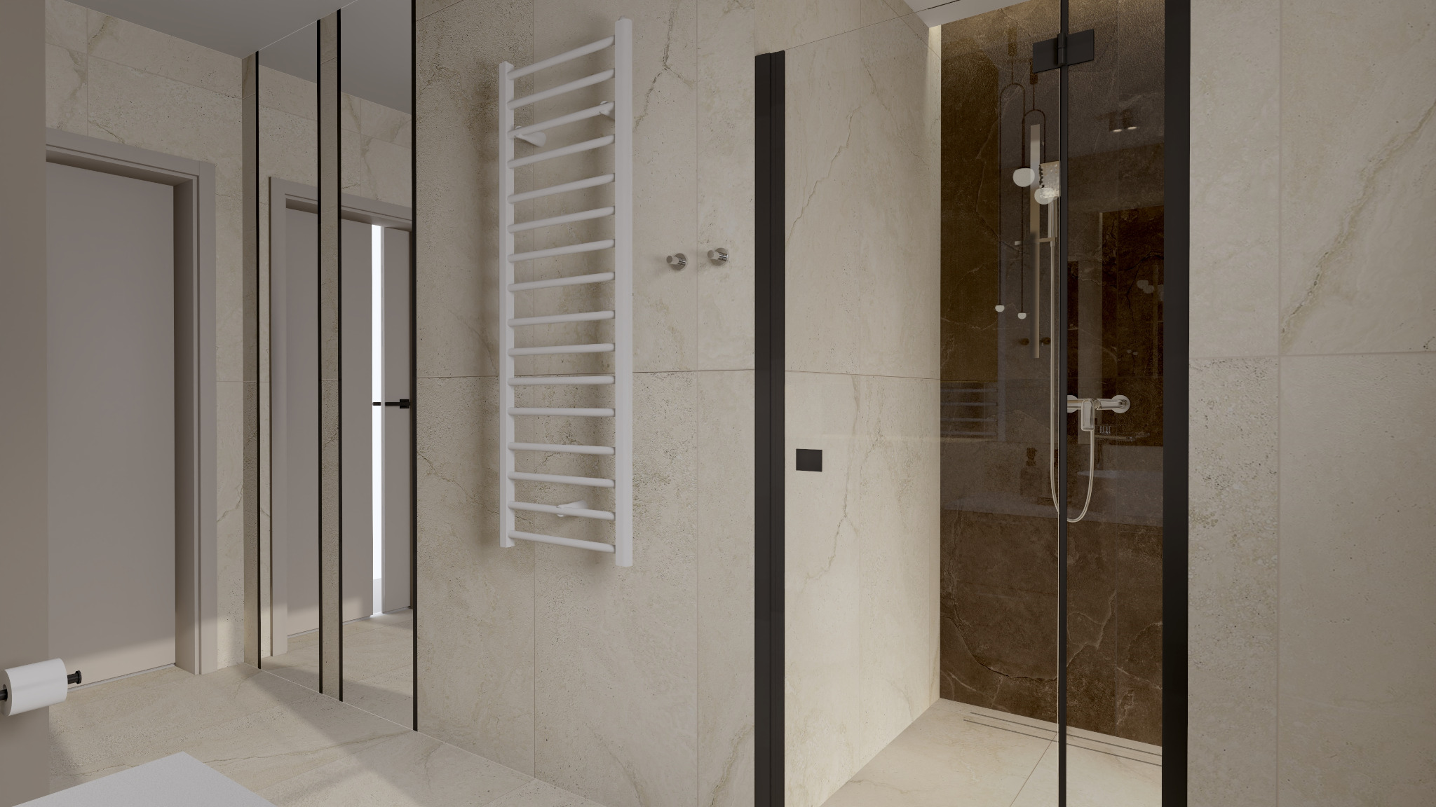 Nowoczesna łazienka z beżowymi płytkami imitującymi marmur, kabiną prysznicową typu walk-in z ciemnymi profilami, białym grzejnikiem drabinkowym i minimalistycznymi akcesoriami.