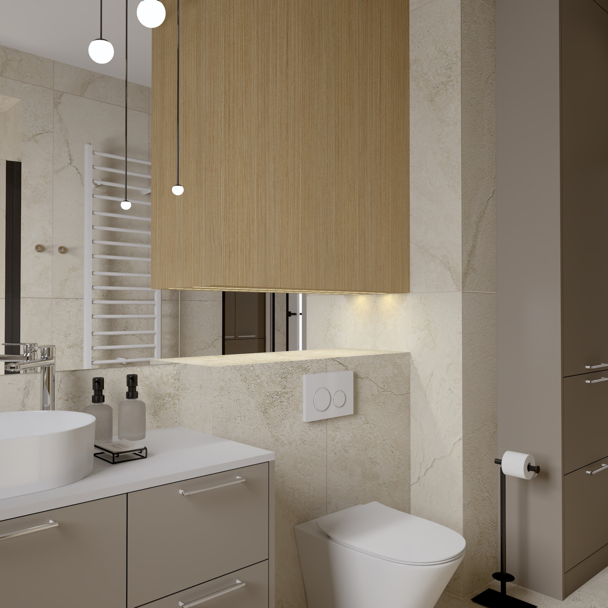 Nowoczesna łazienka z beżowymi płytkami, okrągłą umywalką nablatową, drewnianą szafką wiszącą z podświetleniem LED i minimalistycznymi lampami wiszącymi.