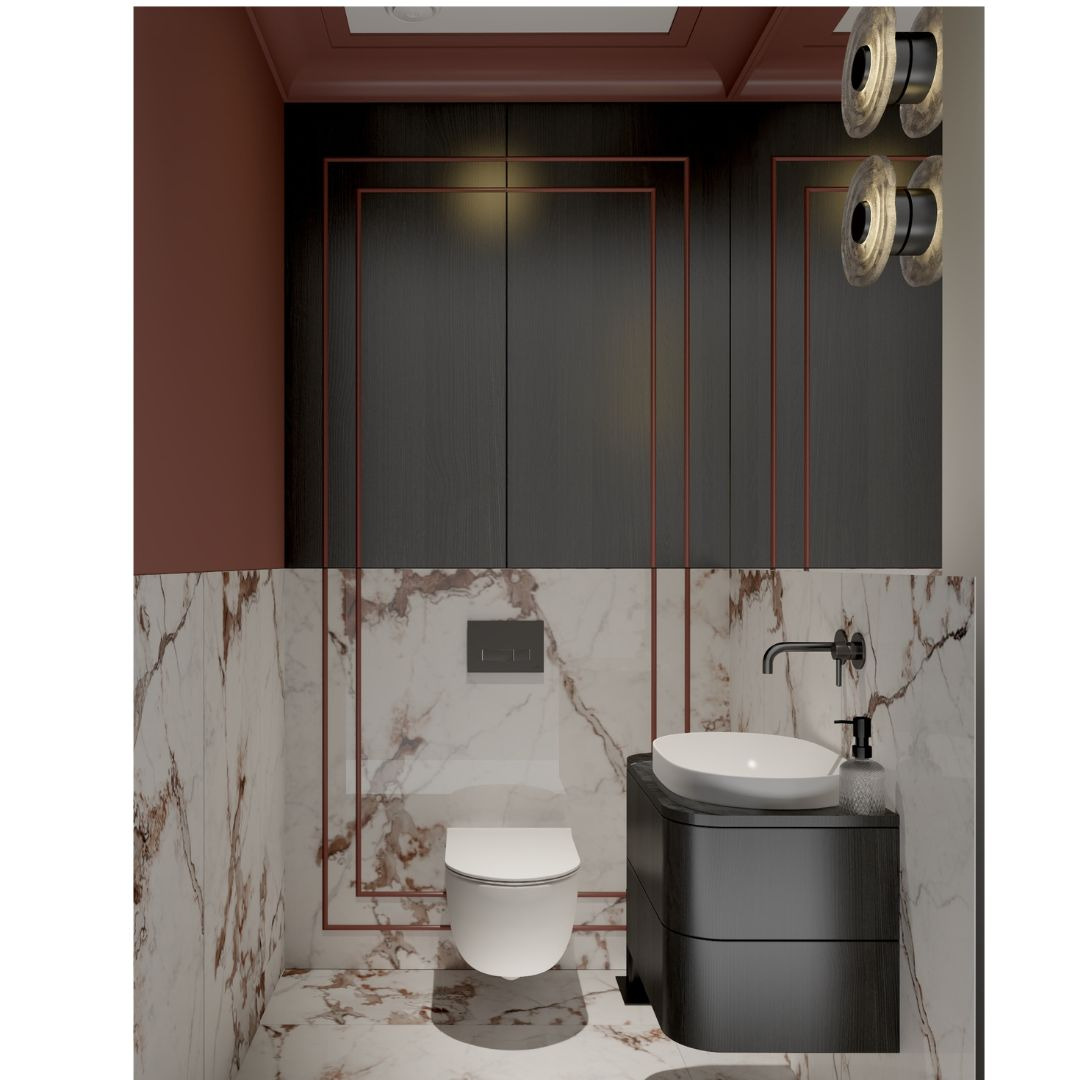 Wizualizacja nowoczesnej łazienki z marmurowymi ścianami, wiszącą toaletą, owalną umywalką na czarnej szafce i okrągłymi lampami ściennymi, akcentowana ramami w kolorze miedzianym.