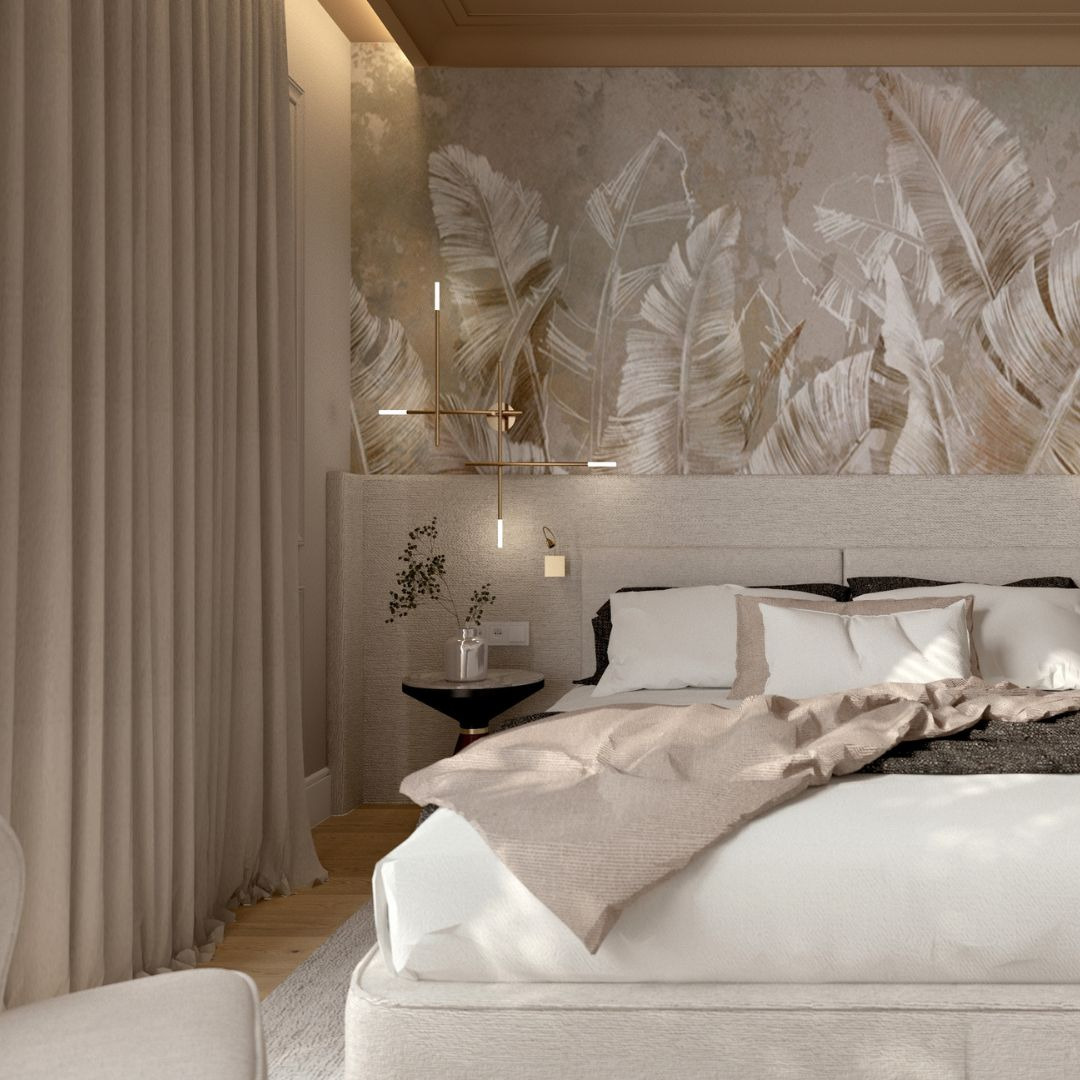 Elegancka sypialnia w Wyszkowie z tapetą w motywy roślinne, nowoczesną lampą wiszącą i minimalistycznym stolikiem nocnym z wazonem.